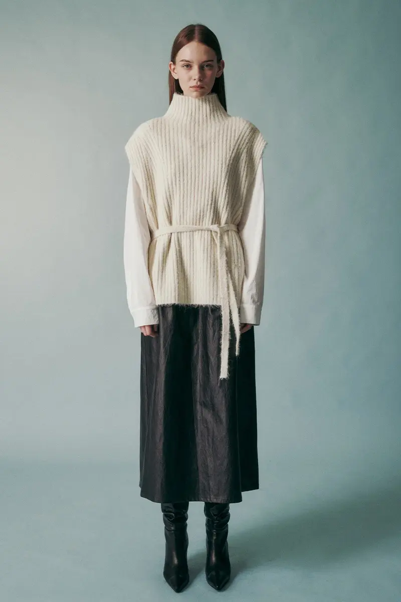Wool Blend Tie-Waist Knit Vest Ivory