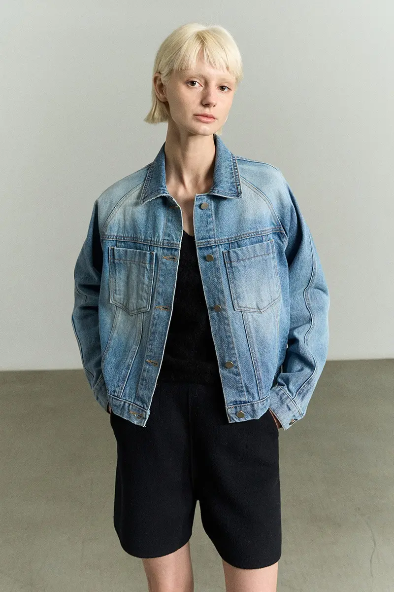 Patch-Pockets Washed Denim Jacket