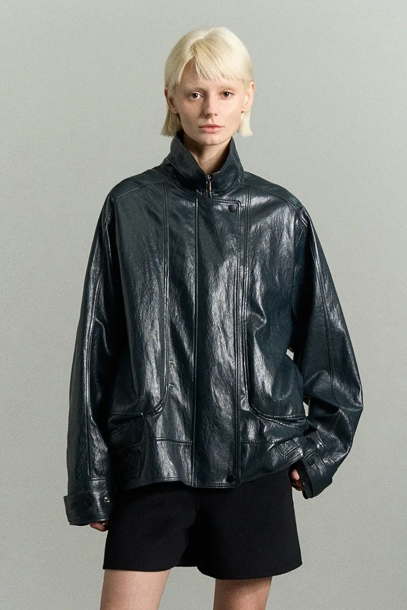 Funnel Neck Vegan Leather Jacket Midnight Navy