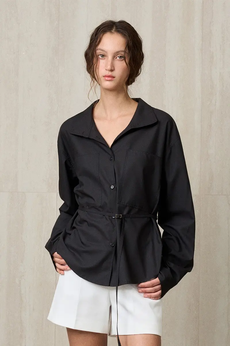 Funnel Neck Belted Blouse Black
