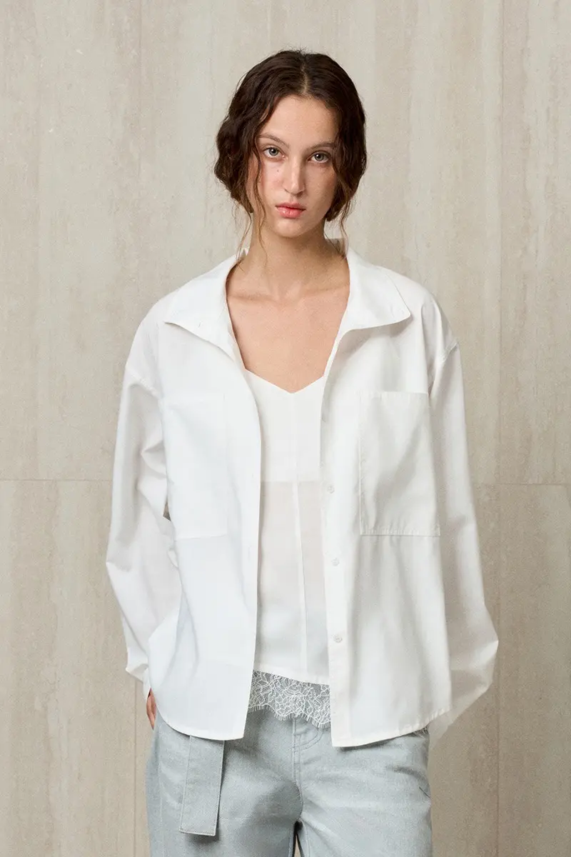 Funnel Neck Belted Blouse White