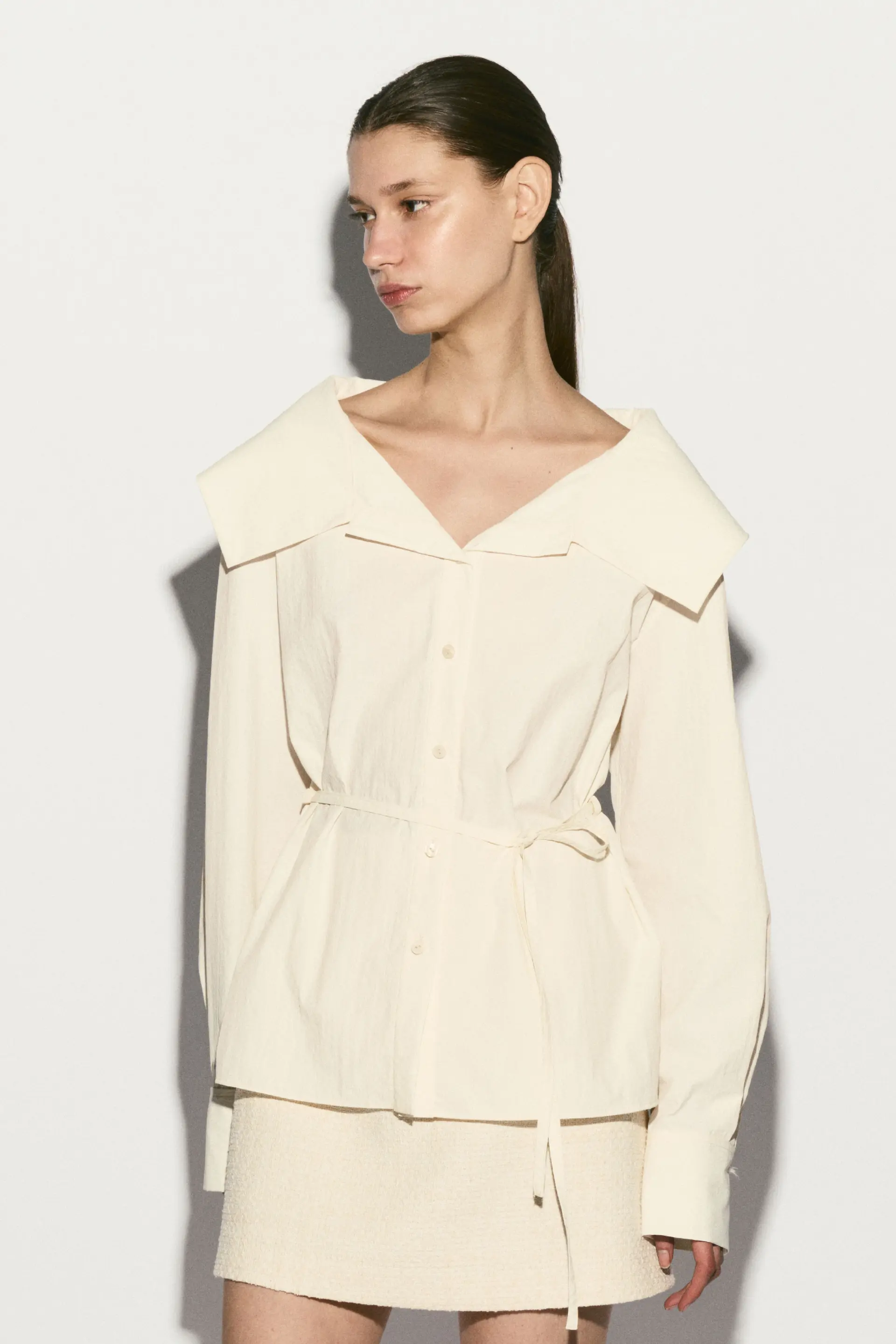 Wide Collar Belted Blouse Cream