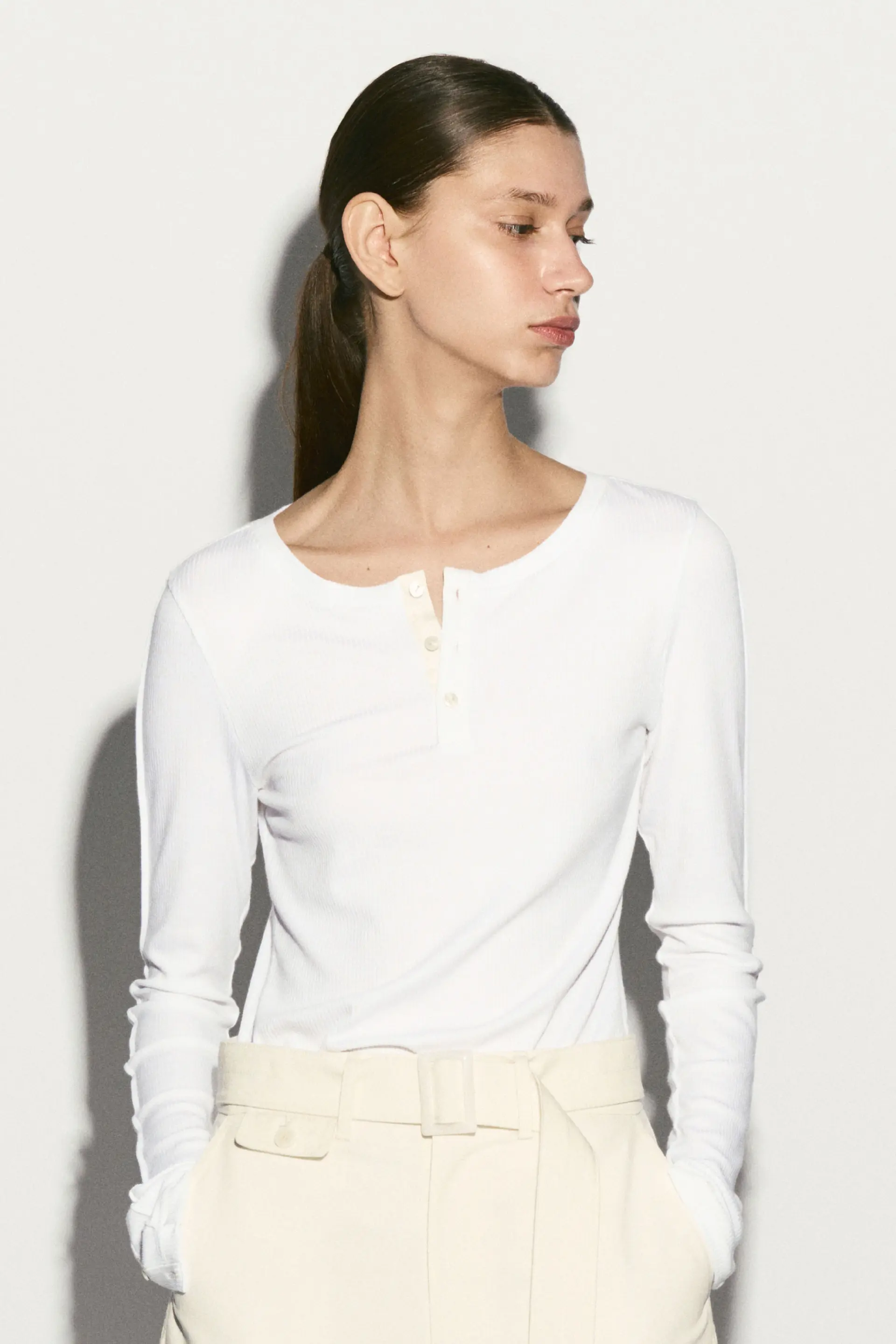 Long Sleeve Button Top White