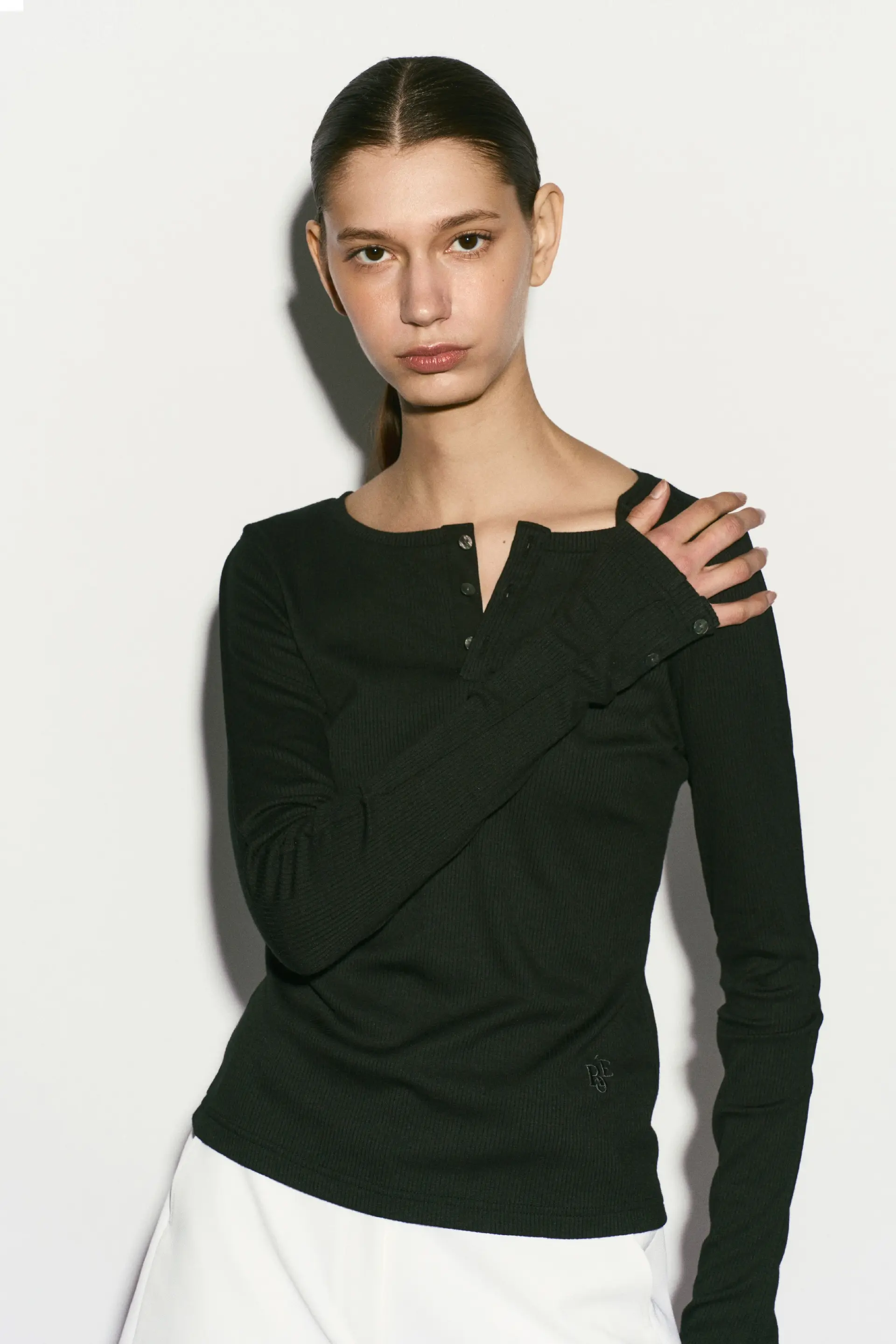 Long Sleeve Button Top Black