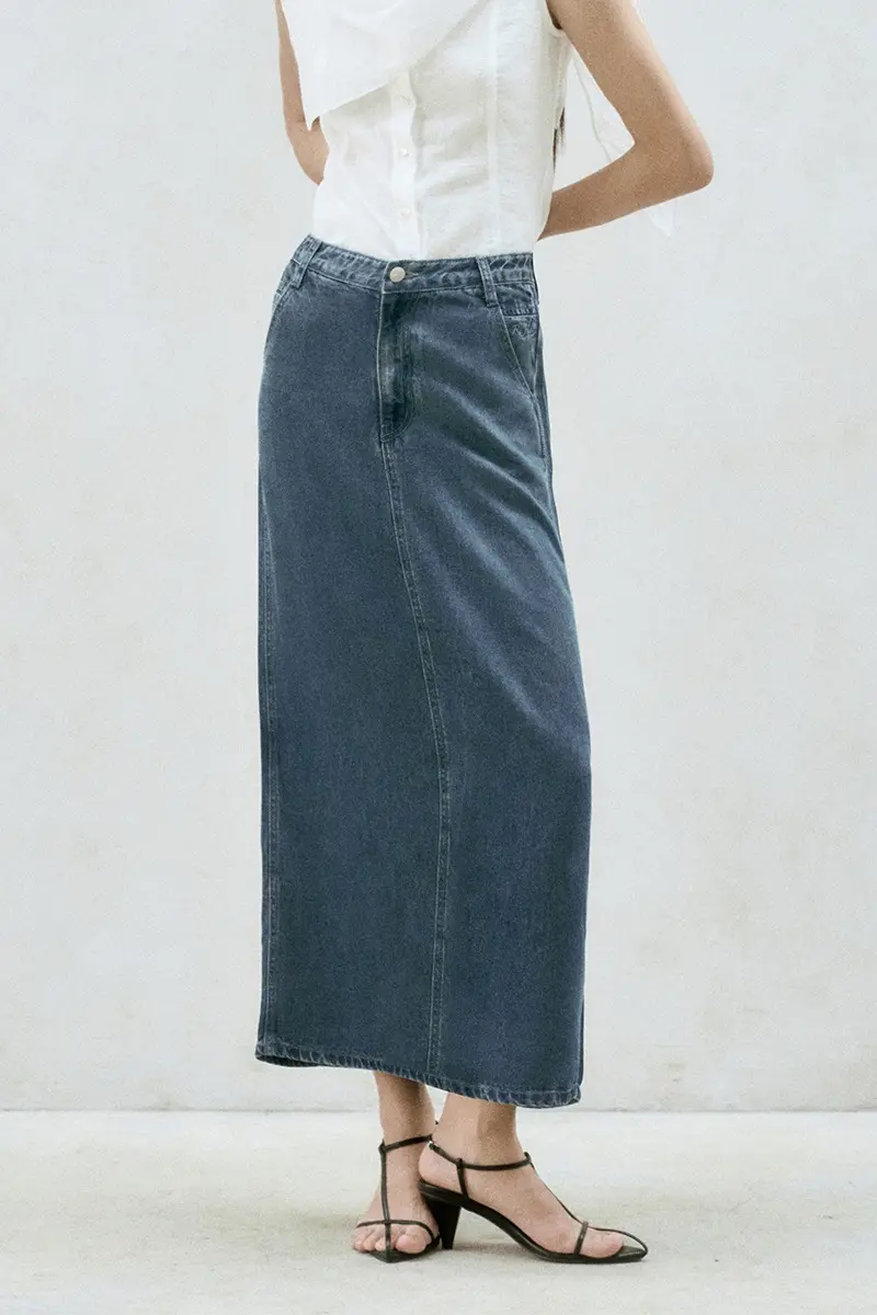 Washed Denim Midi Skirt