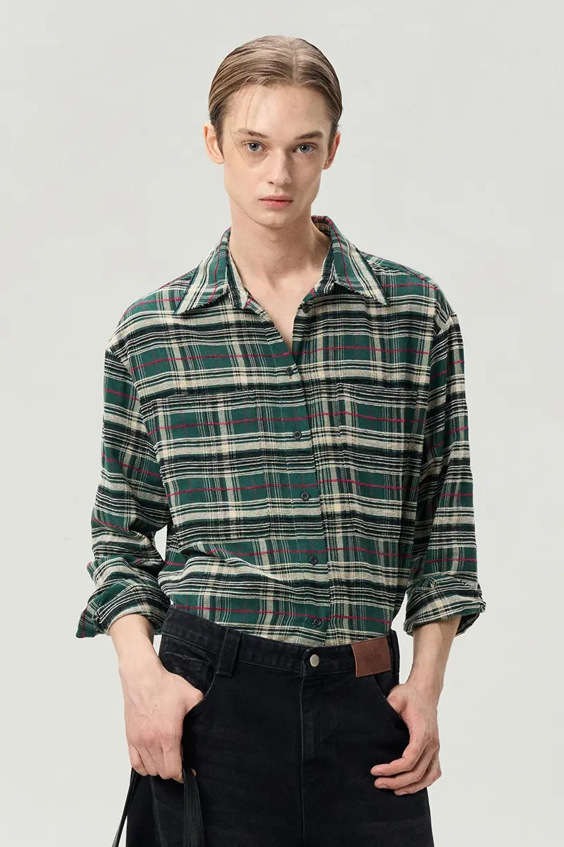 Side-Slit Checked Unisex Shirts Green
