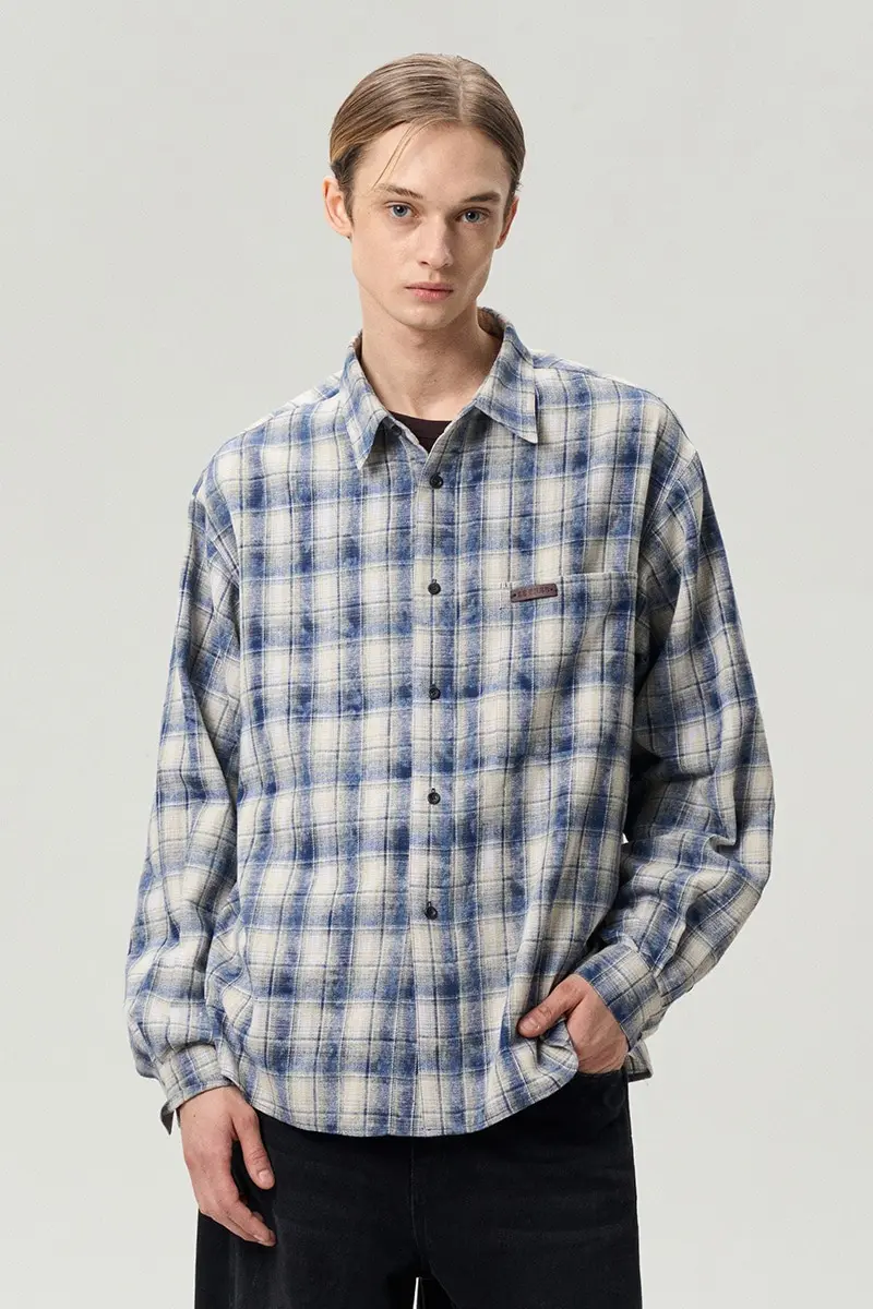 Checked Cotton Shirt Washed Blue