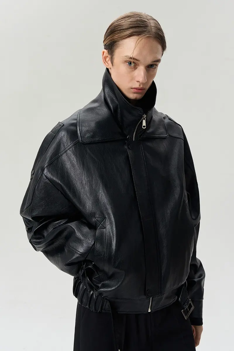 Double Collar Belted Hem Jacket Black
