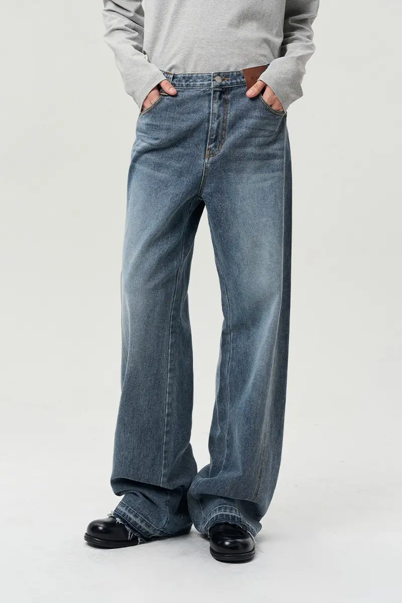 Destroyed Hem Wide Leg Jean Washed Blue