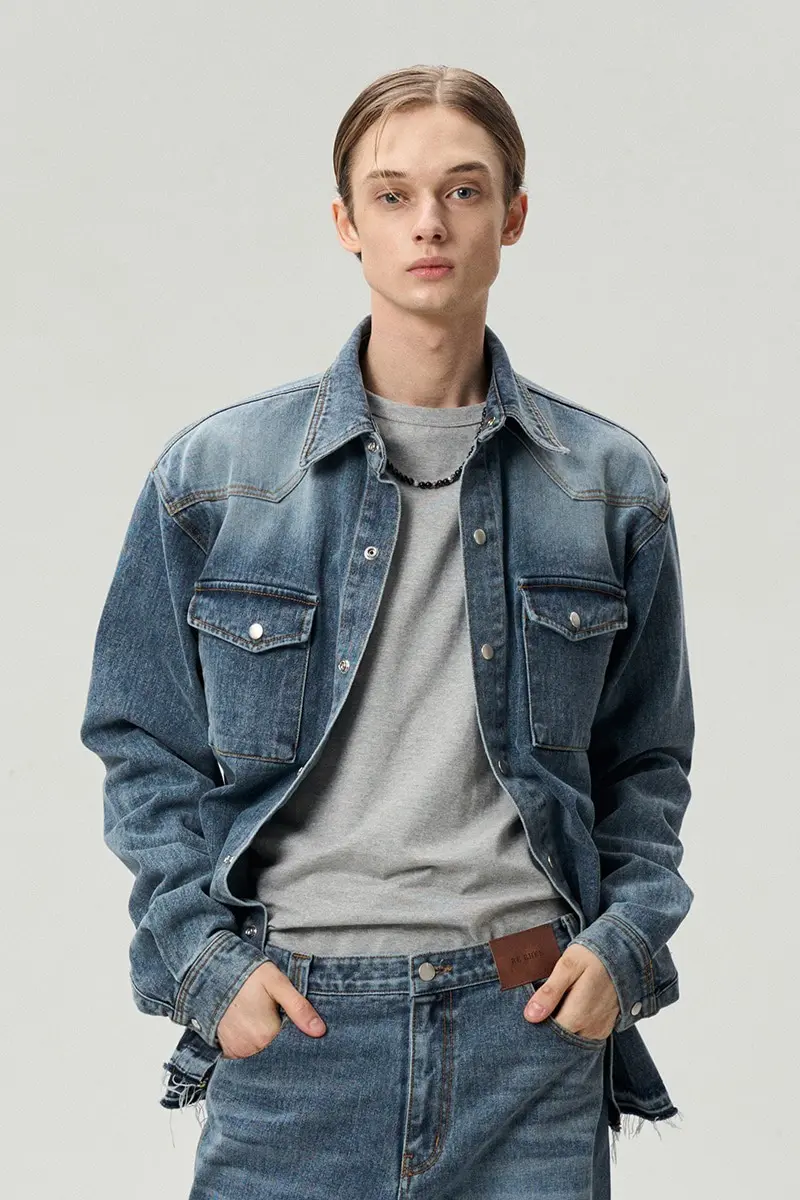Destroyed Hem Shirt Jacket Washed Blue