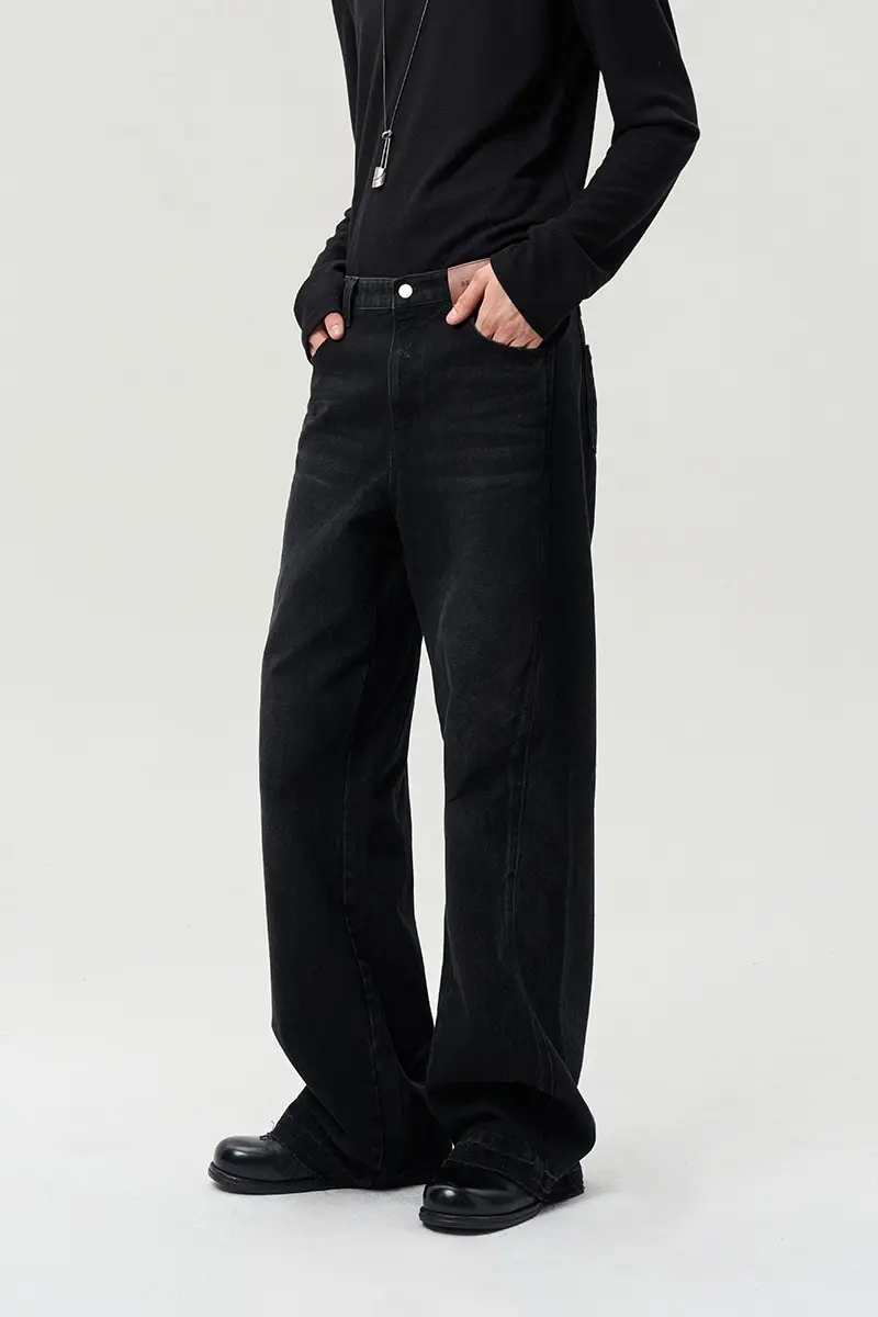Destroyed Hem Wide Leg Jean Washed Black
