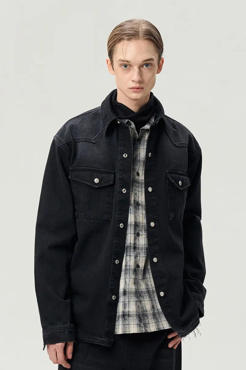 Destroyed Hem Shirt Jacket Washed Black