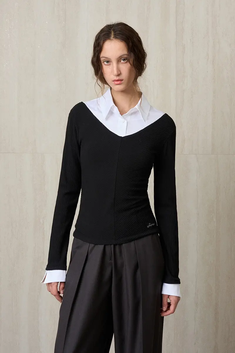 Shirt Collar Ribbed Knit Top Black
