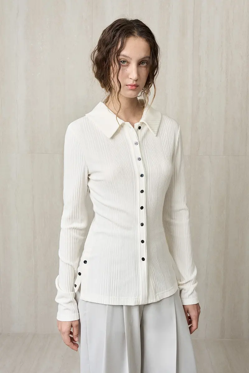 Knit Ribbed Shirt Top Ivory