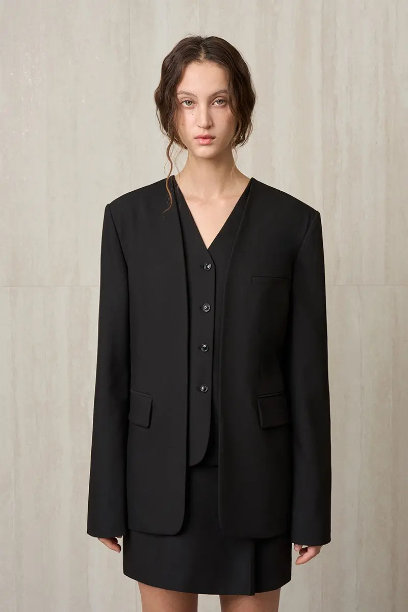 Wool Blend Collarless Jacket Black