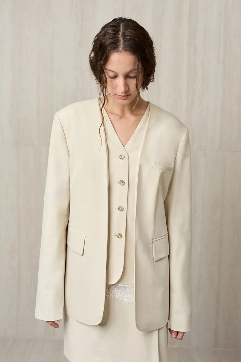 Wool Blend Collarless Jacket Sand Beige