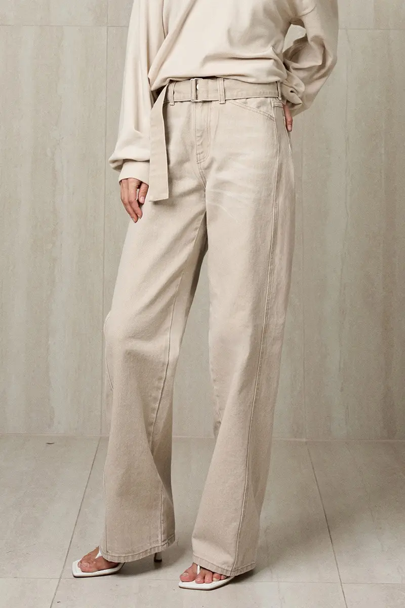 Belted Denim Pants Sand