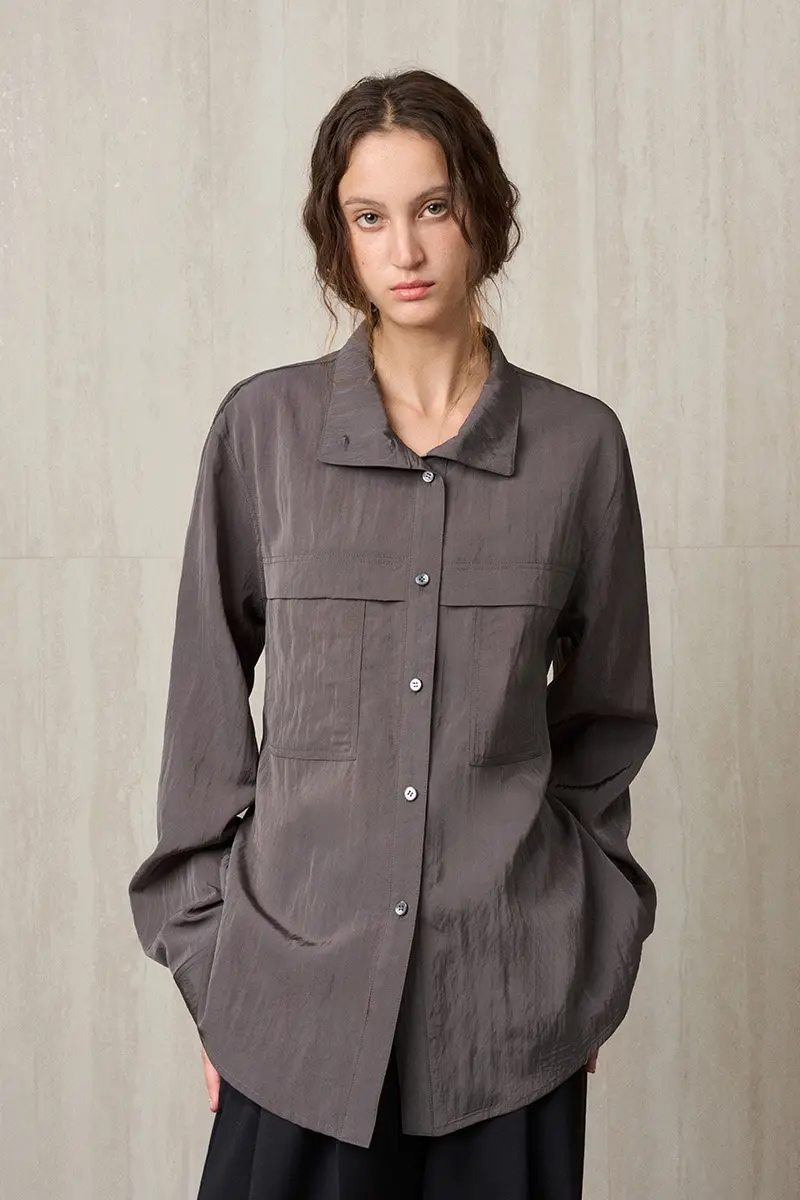 High Neck Belted Shirt Charcoal
