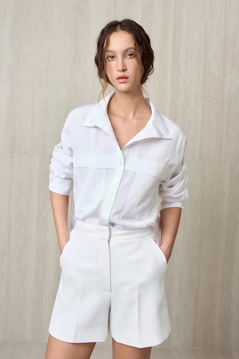 High Neck Belted Shirt White