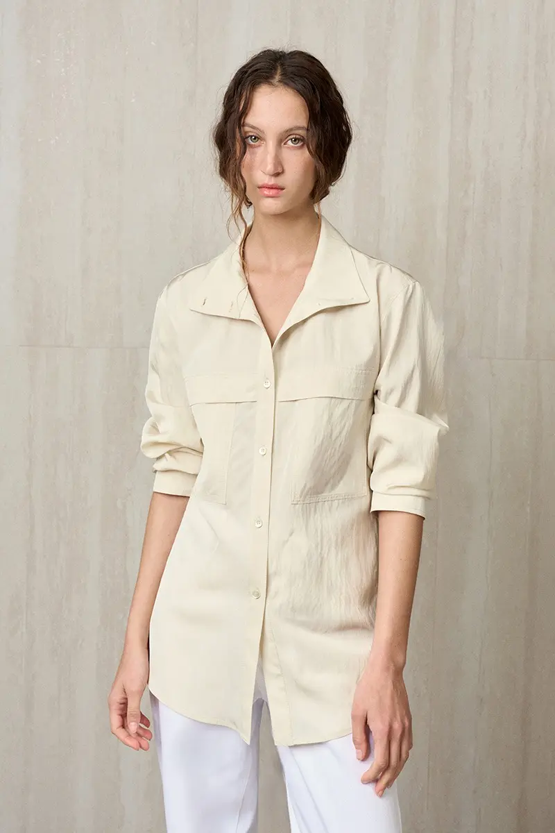 High Neck Belted Shirt Cream