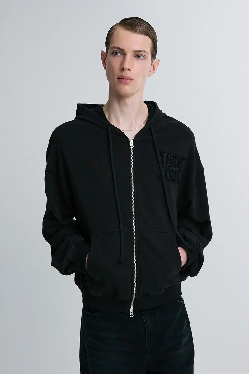 Logo Patch Zip Hooded Jacket Black