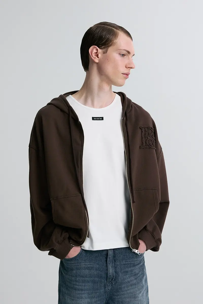 Logo Patch Zip Hooded Jacket Cocoa Brown