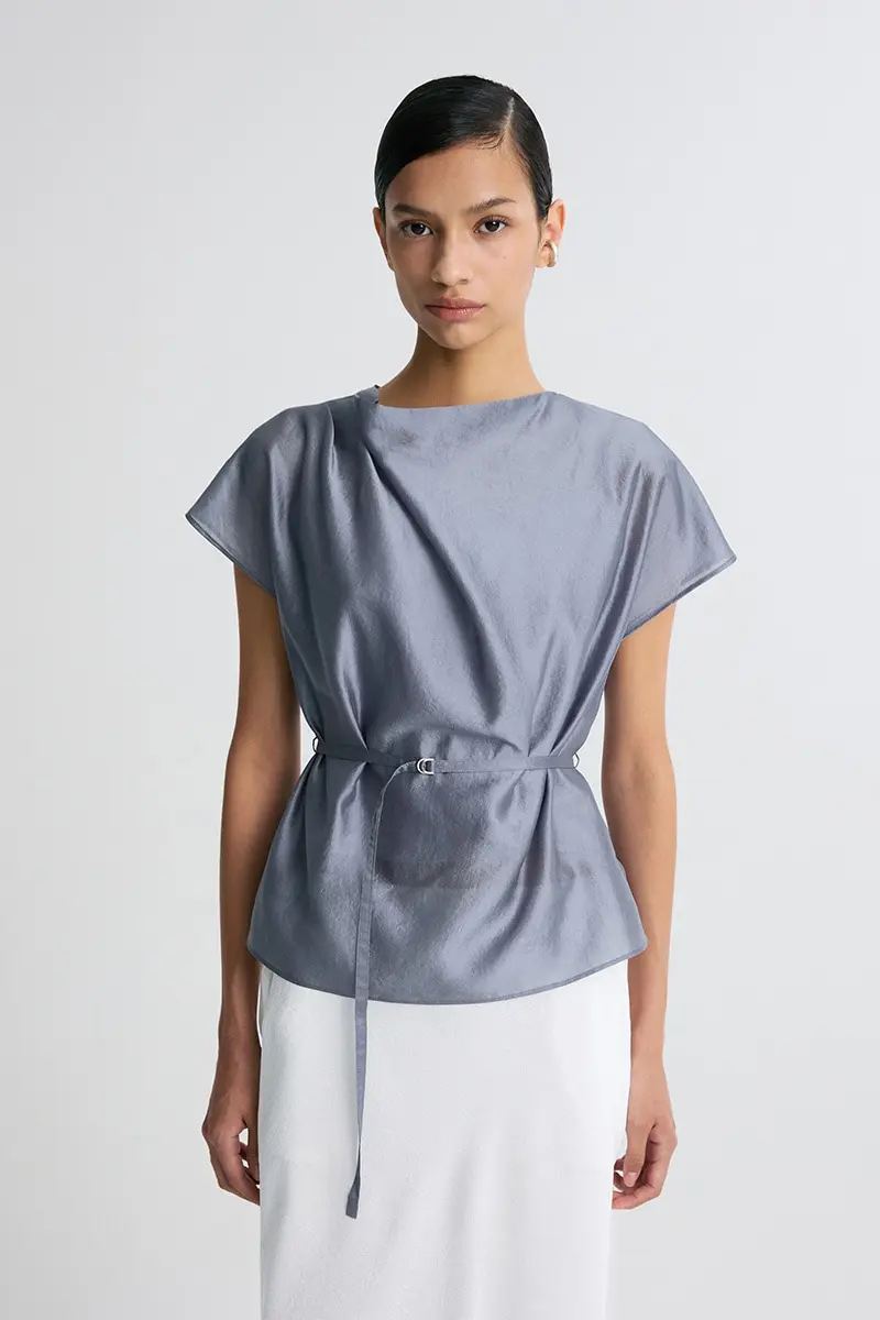 Sheer Belted Blouse Ash Blue