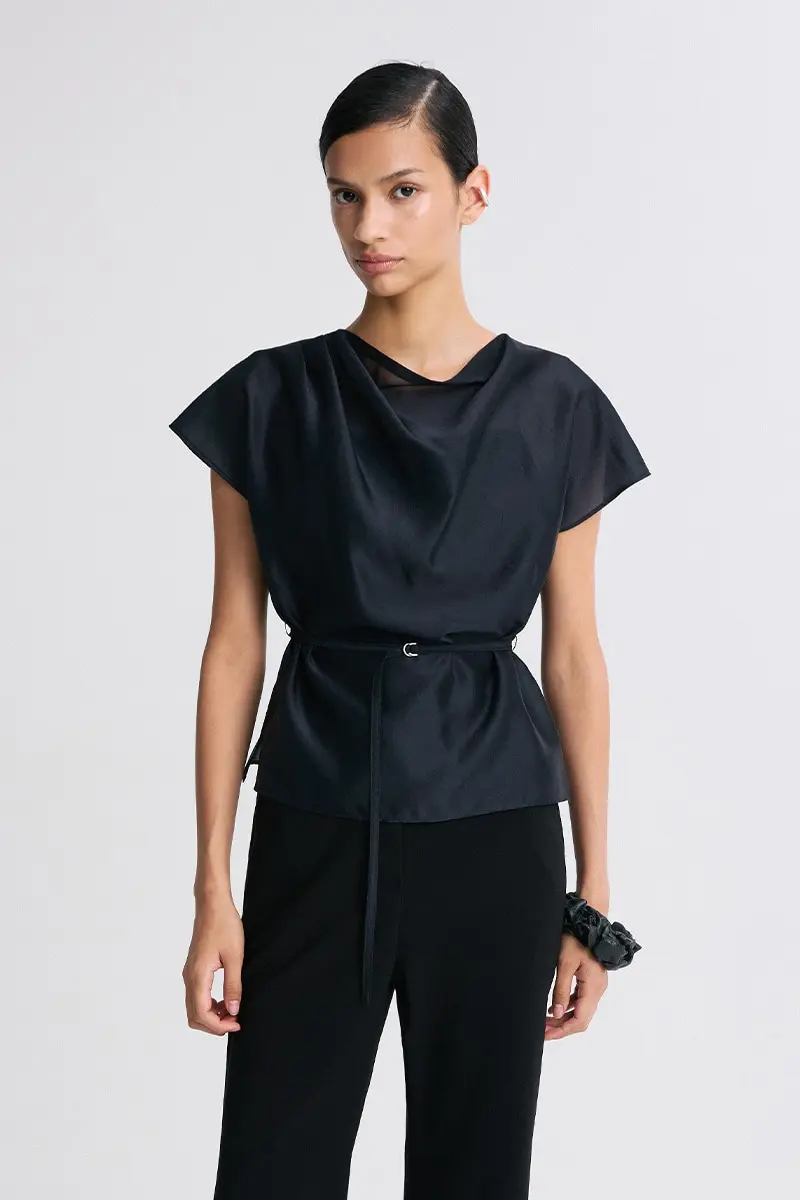 Sheer Belted Blouse Midnight Navy