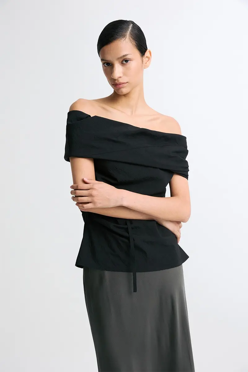 Off Shoulder Belted Blouse Black