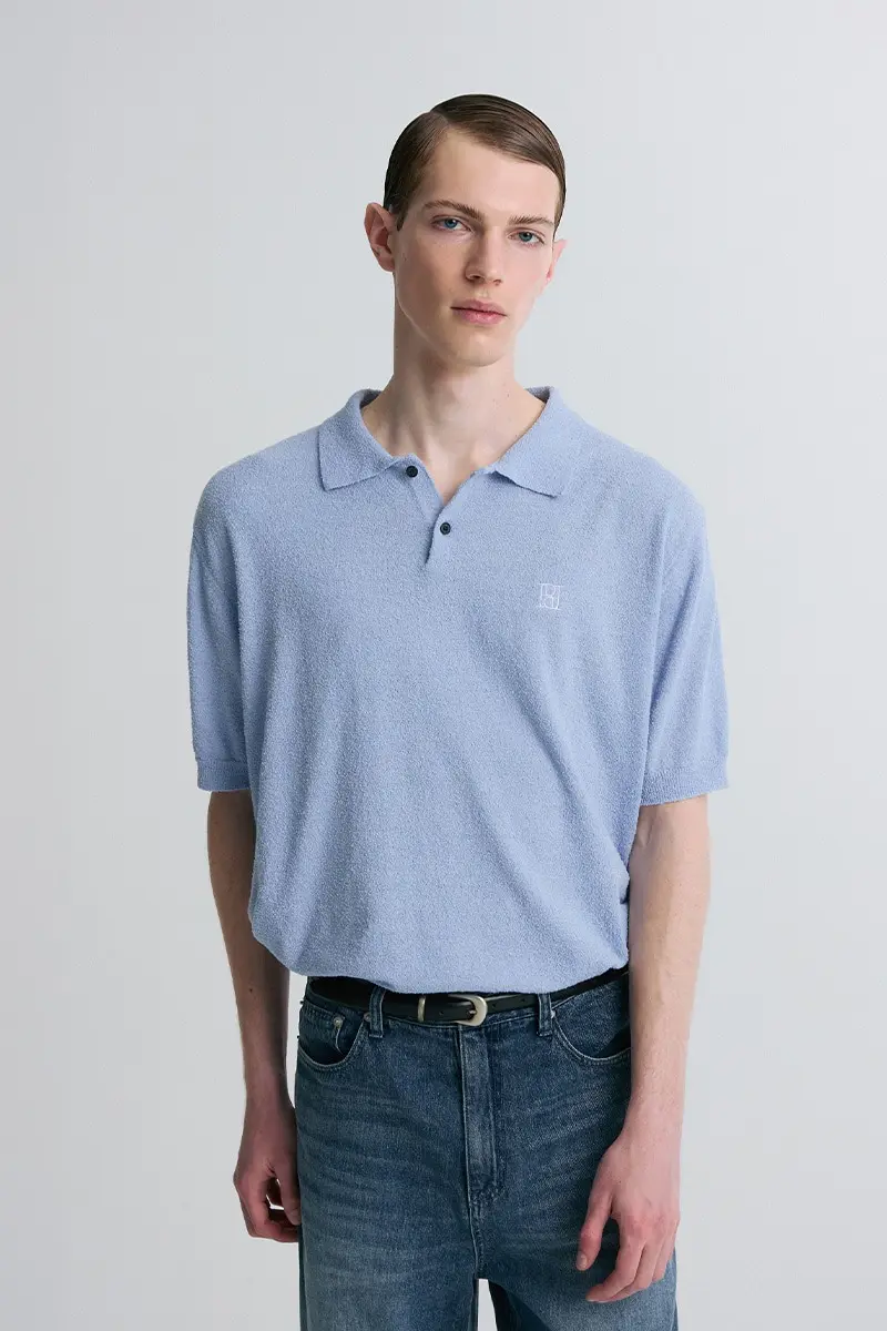 Boucle Knit Polo Shirt Ocean