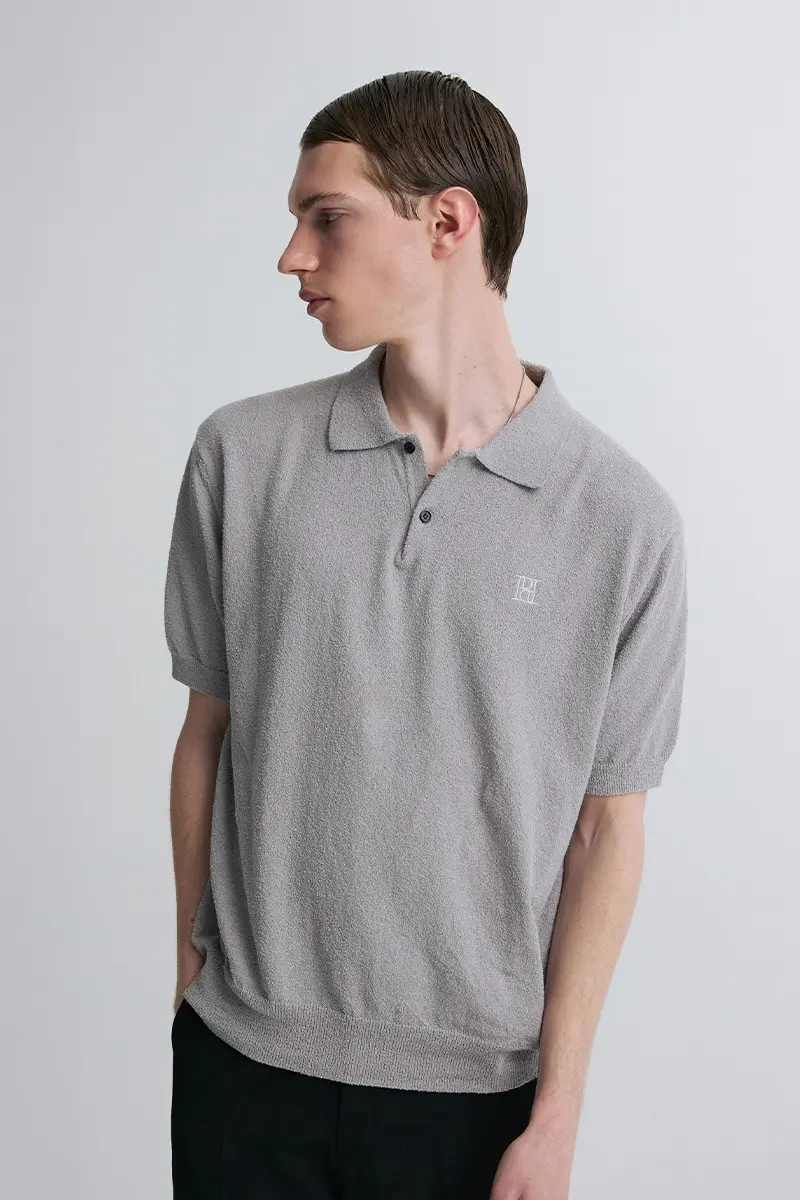 Boucle Knit Polo Shirt Gray