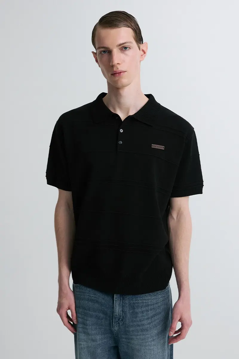 Ribbed Detail Knit Polo Shirt Black
