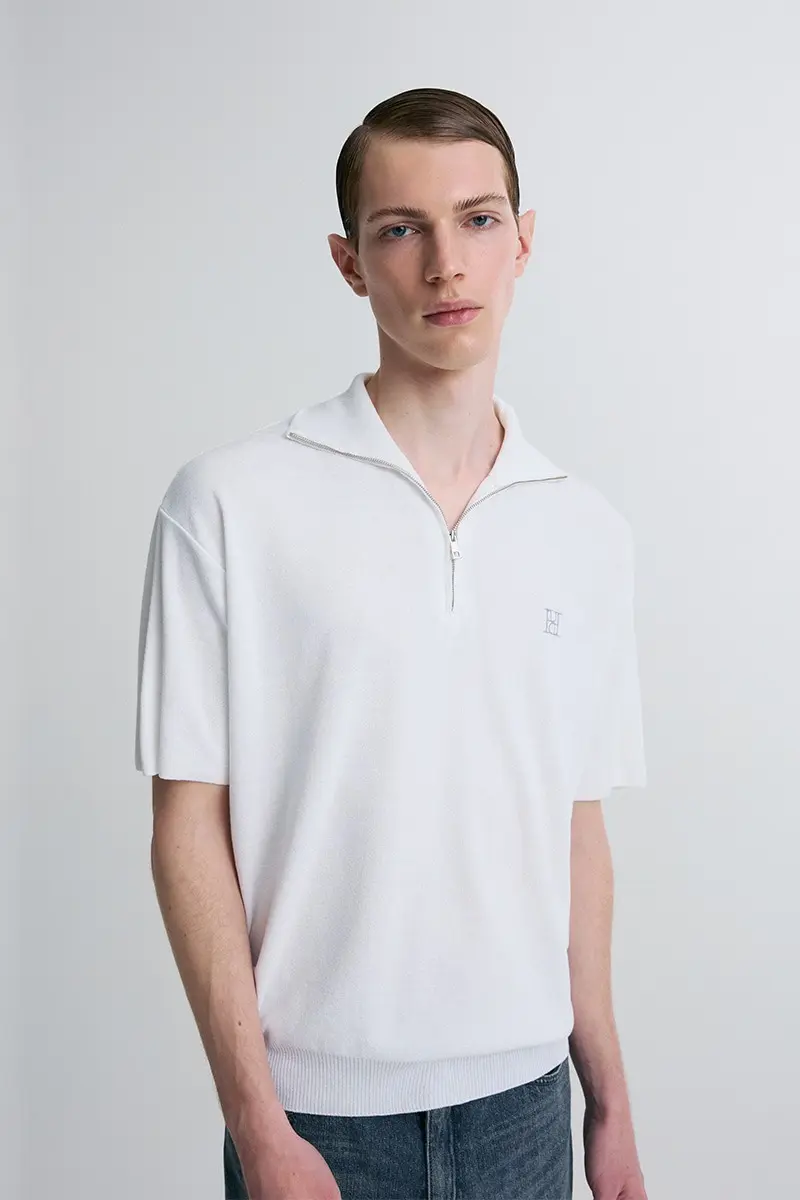 Quarter-Zip Knit Polo Shirt White