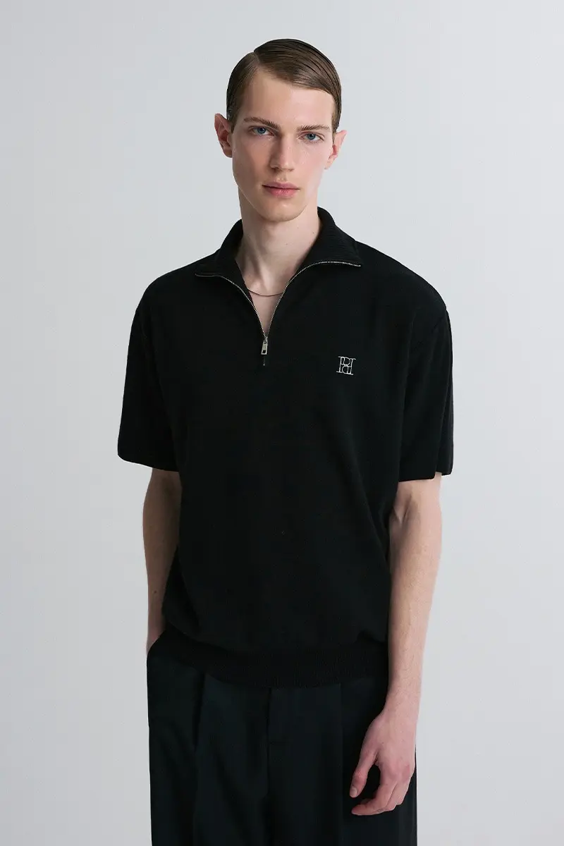 Quarter-Zip Knit Polo Shirt Black