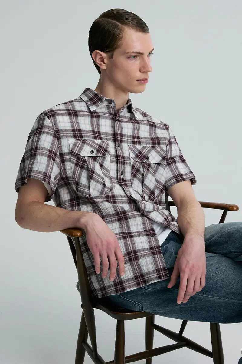 Roll-Up Sleeve Check Shirt Wine