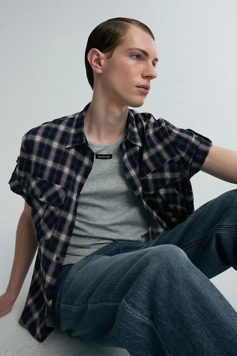 Roll-Up Sleeve Check Shirt Navy