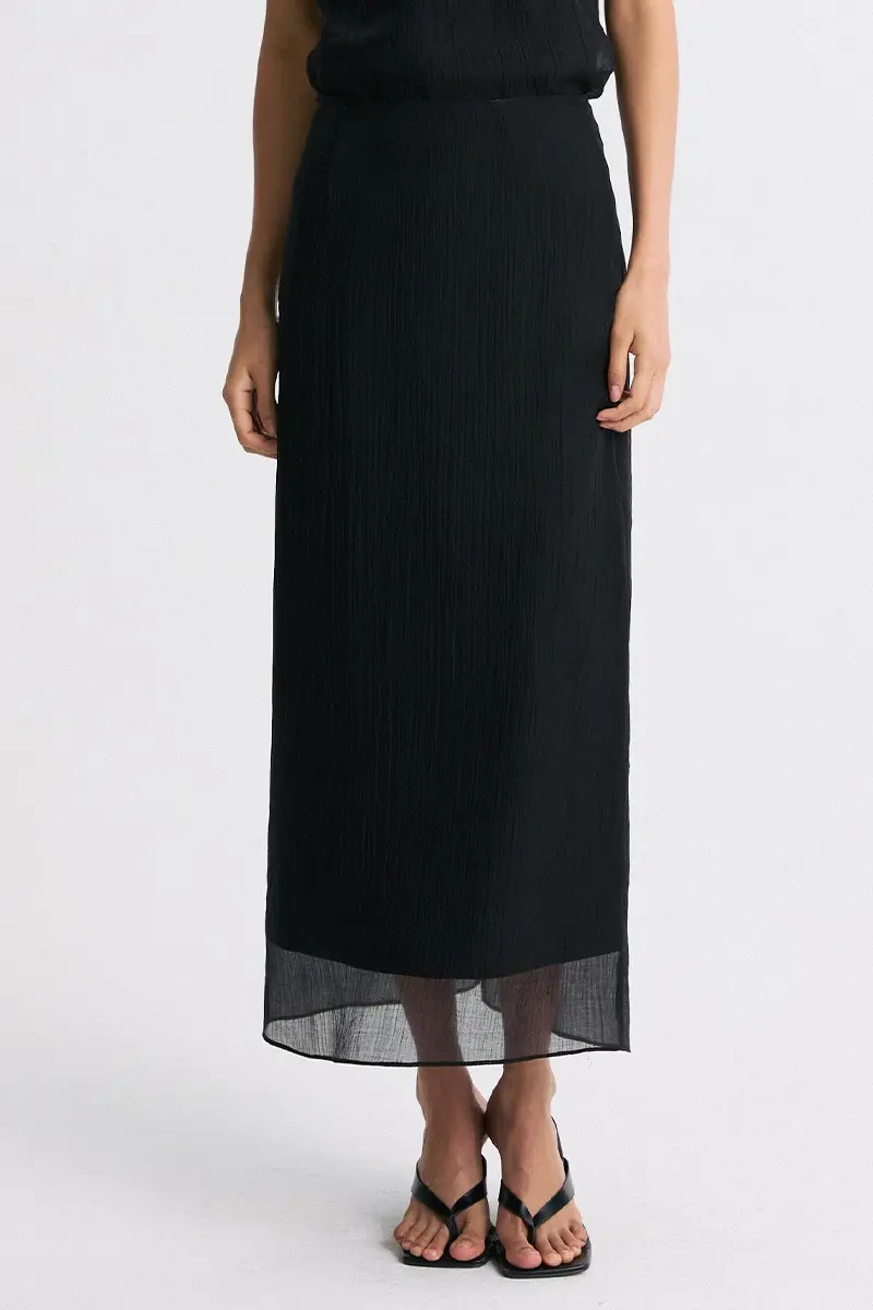 Sheer Layered Slit-Back Midi Skirt Black