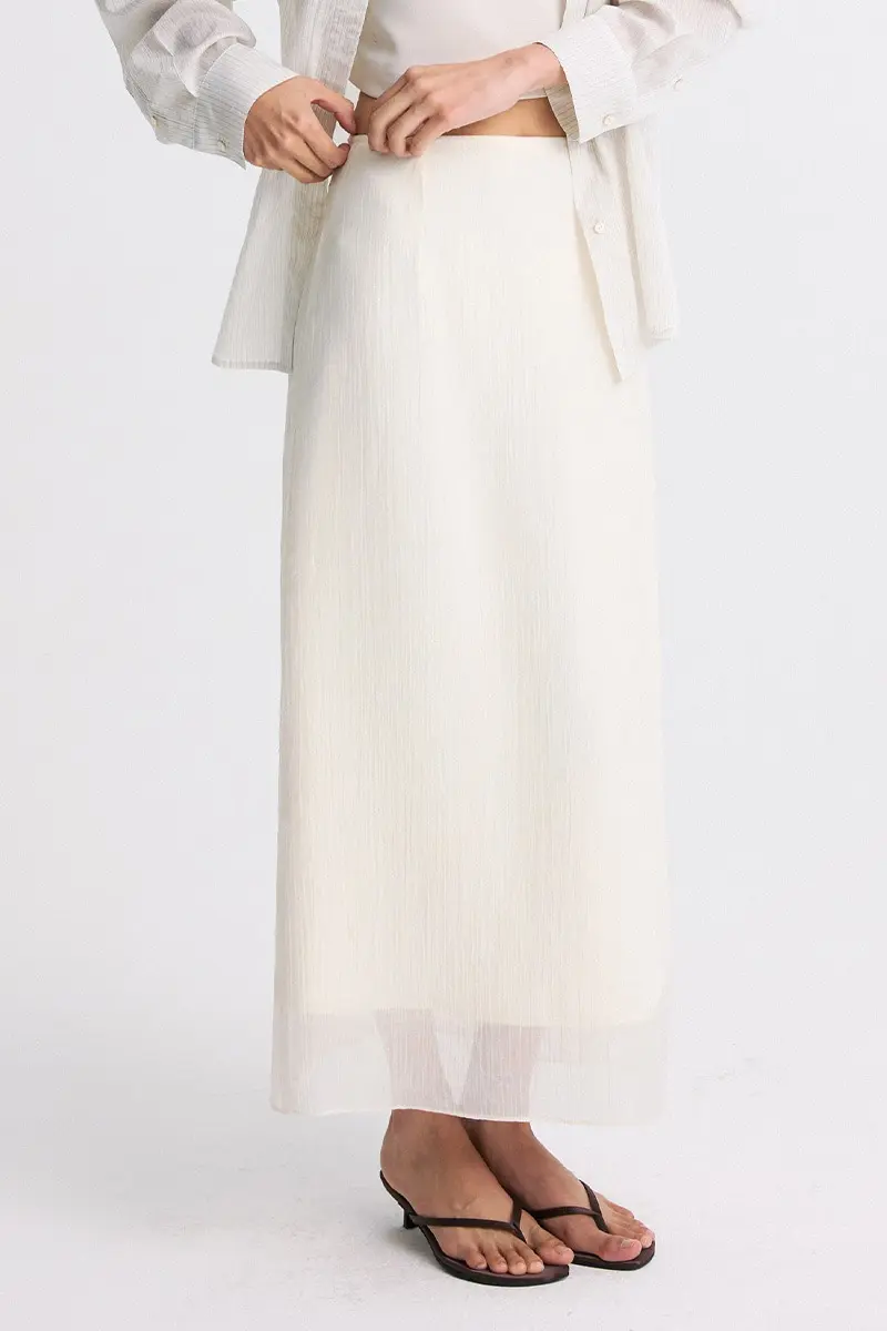 Sheer Layered Slit-Back Midi Skirt Pearl