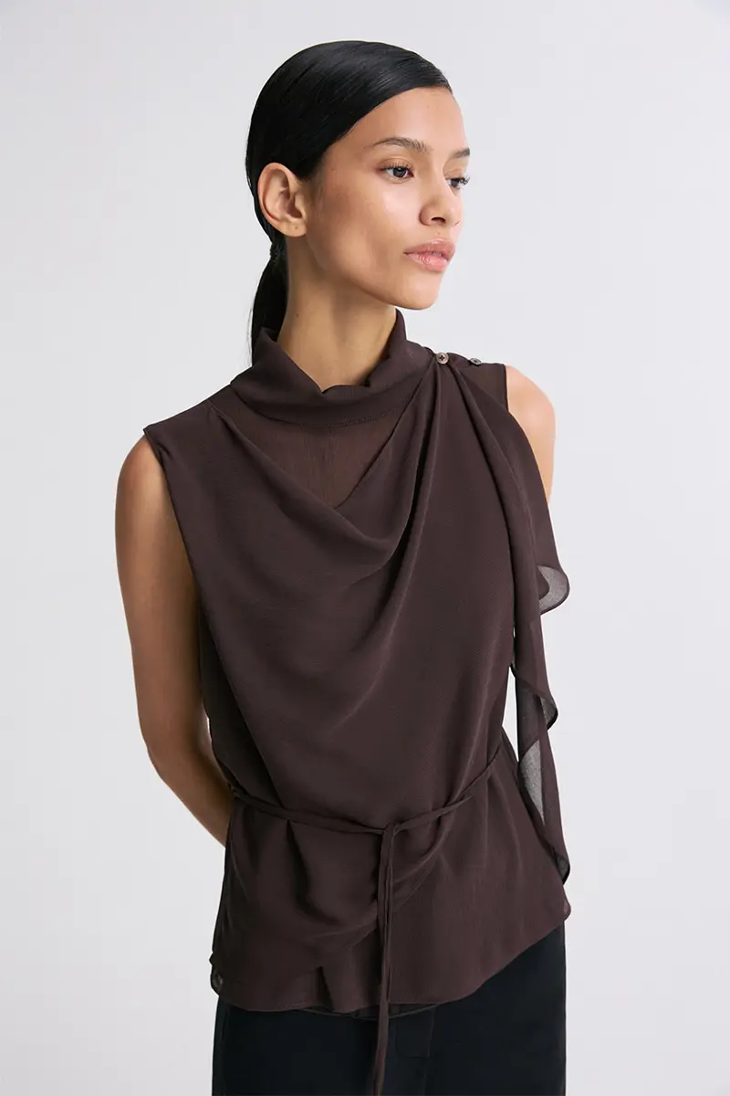 Belted Draped Sleeveless Blouse
