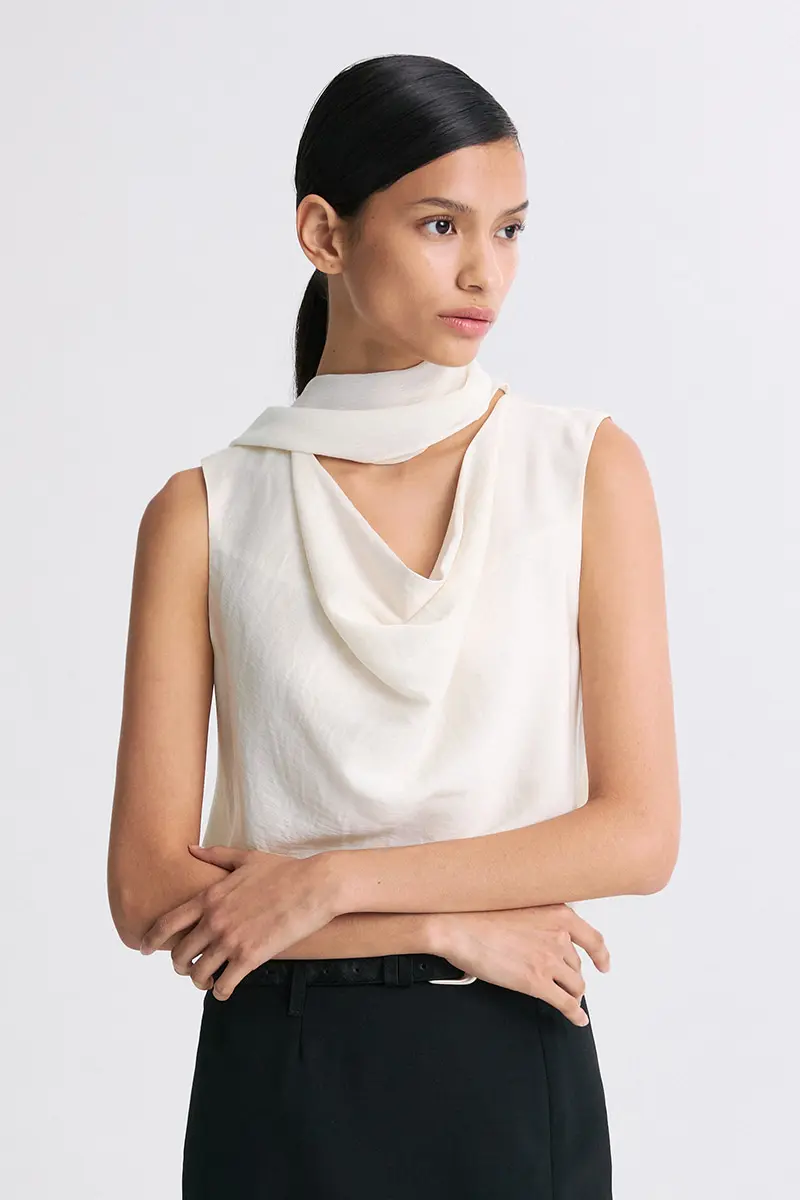 Scarf-Neck Draped Sleeveless Blouse