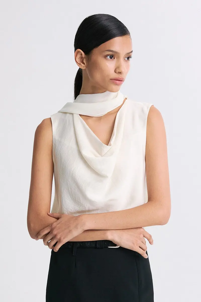 Scarf-Neck Draped Sleeveless Blouse