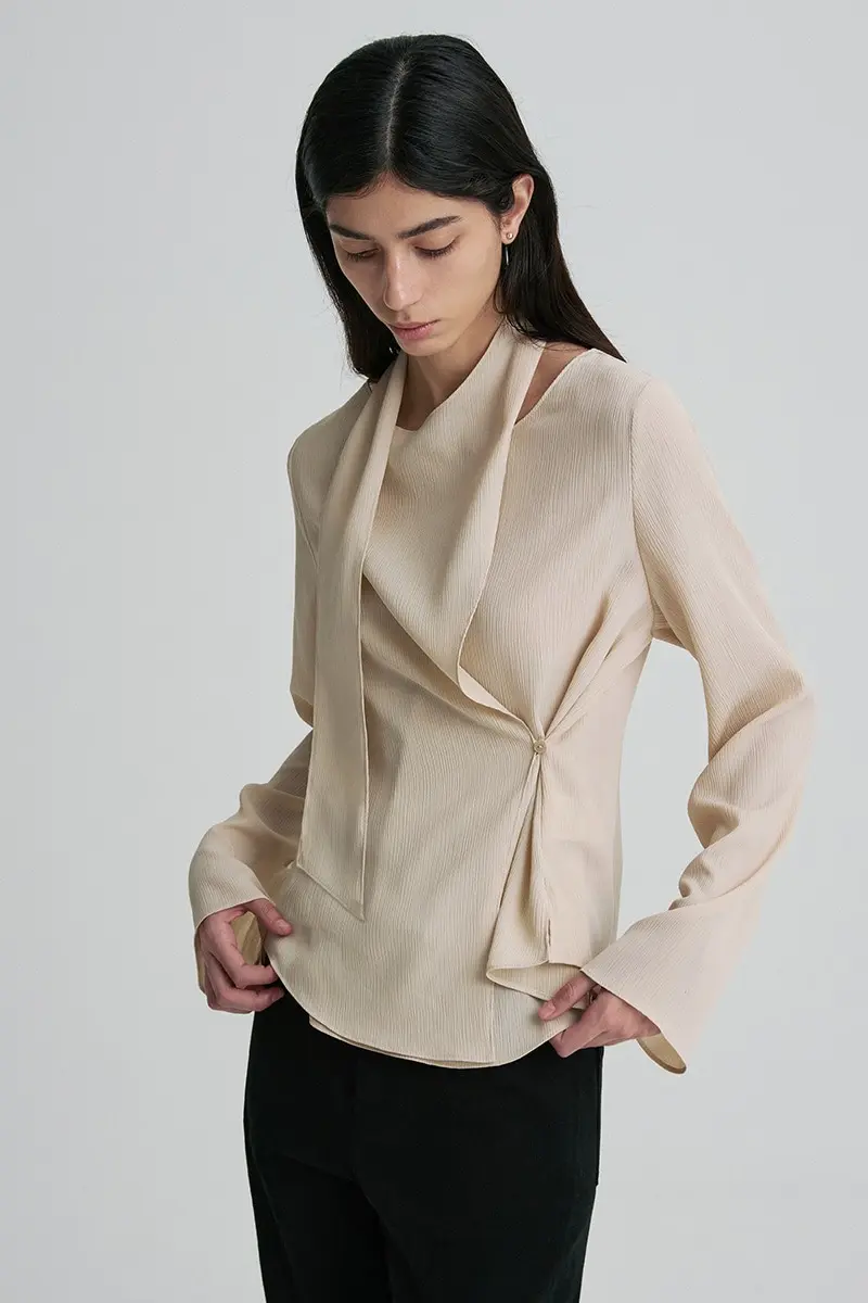 Scarf-Neck Side-Button Blouse Milk Tea