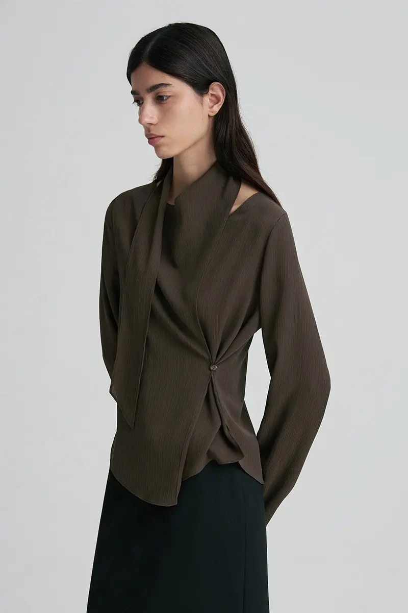 Scarf-Neck Side-Button Blouse Truffle