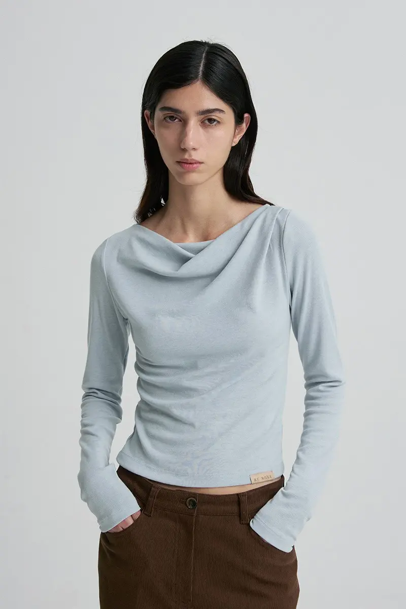 Cowl-Neck Fitted Long-Sleeve Top Cloud