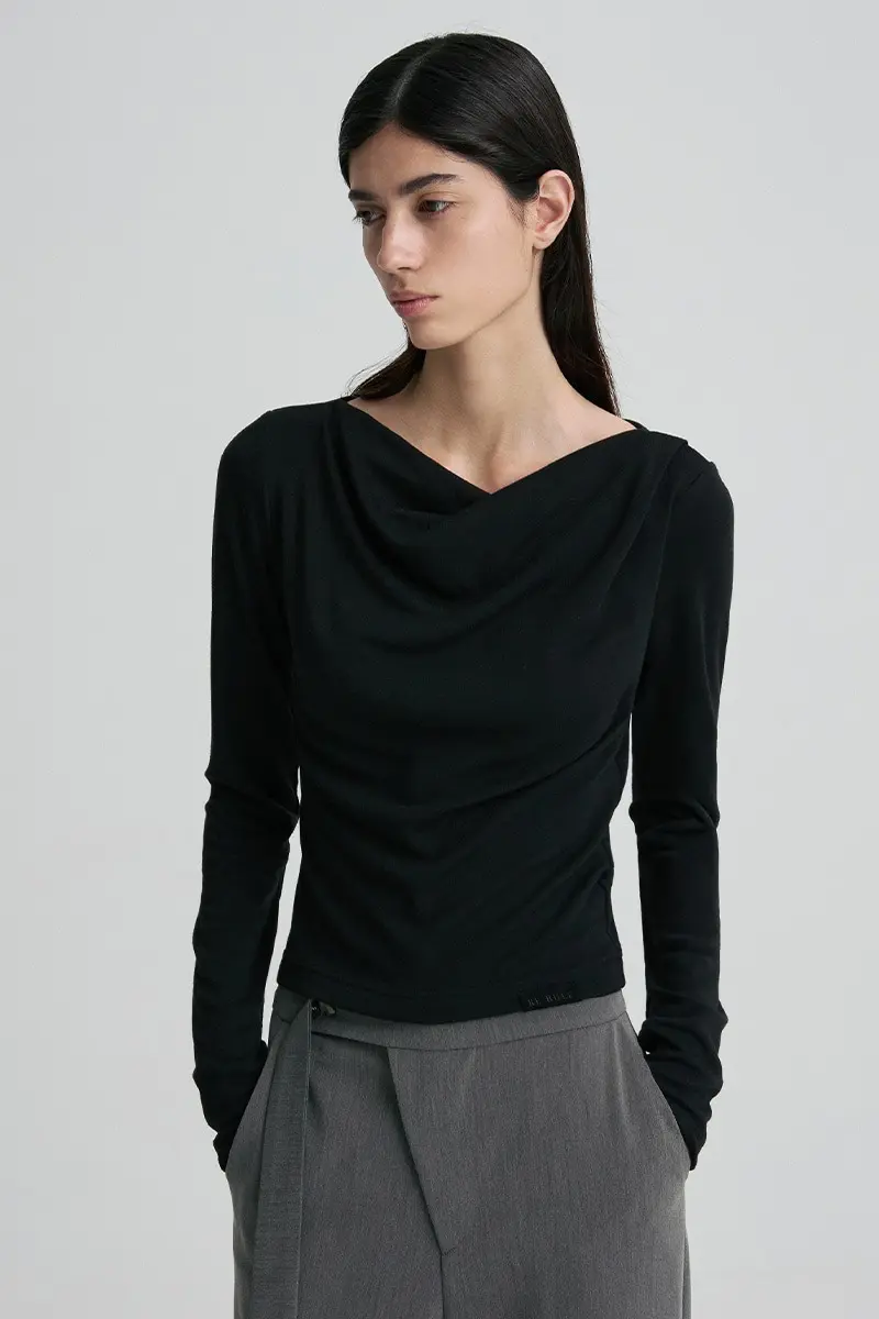 Cowl-Neck Fitted Long-Sleeve Top Black