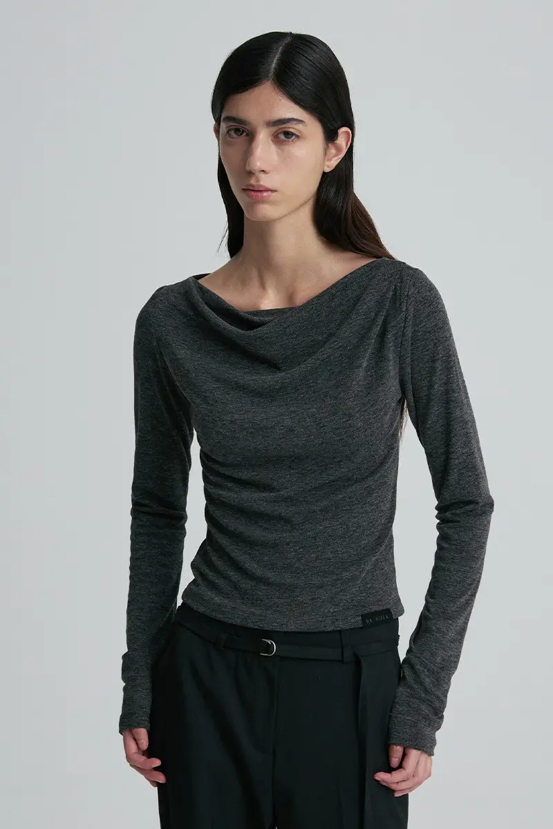 Cowl-Neck Fitted Long-Sleeve Top Charcoal