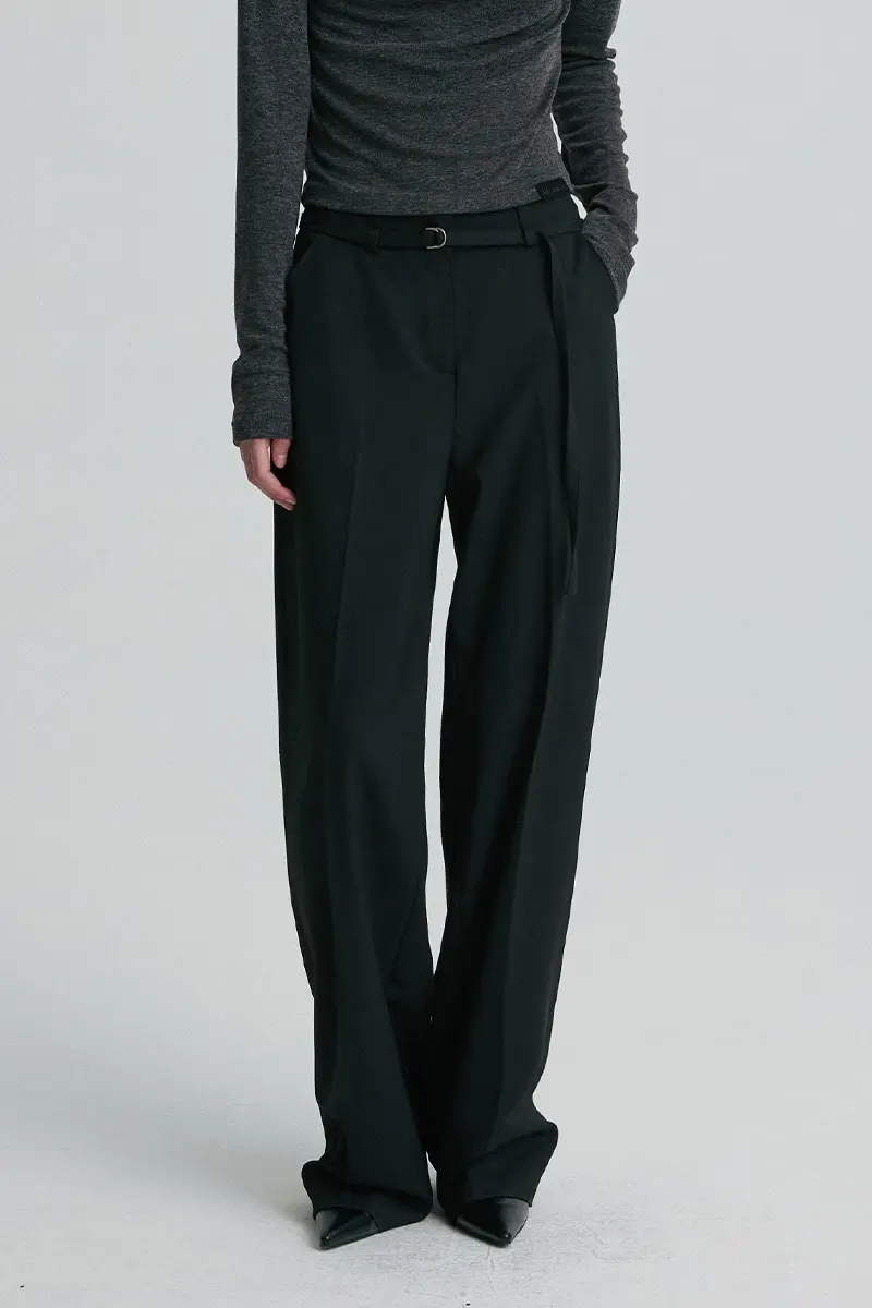 Wool Blend Belted Trousers Black