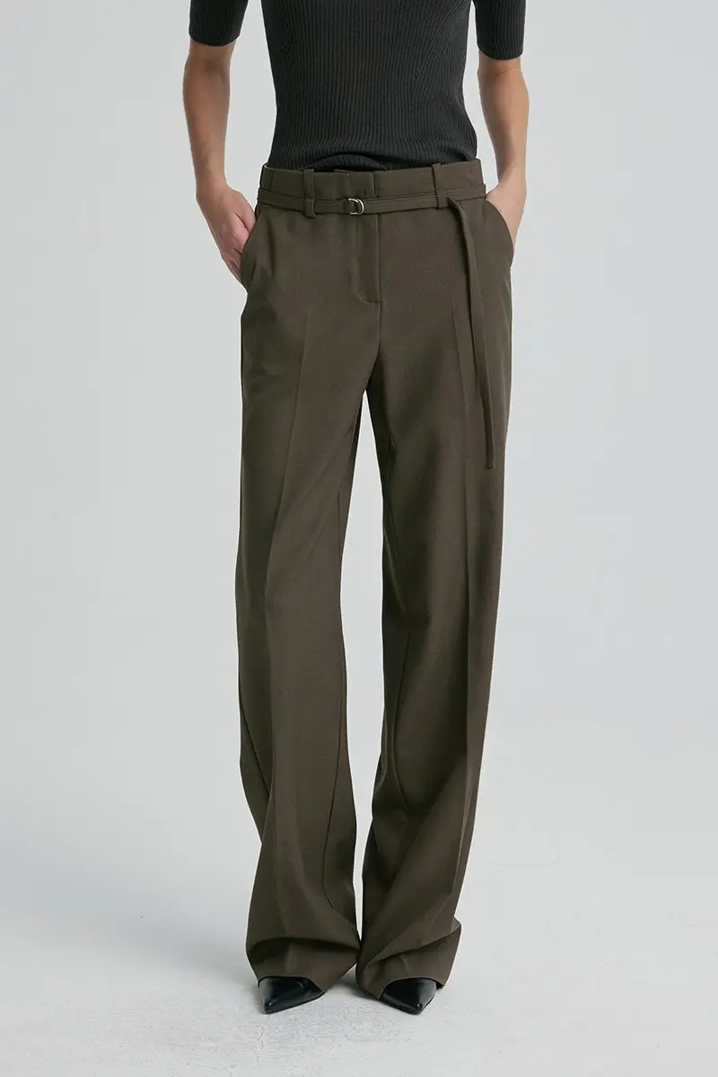 Wool Blend Belted Trousers Khaki Brown
