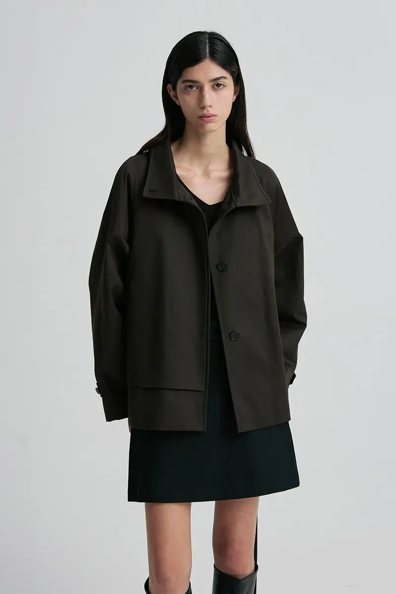 High-Neck Belted Cotton Trench Coat
