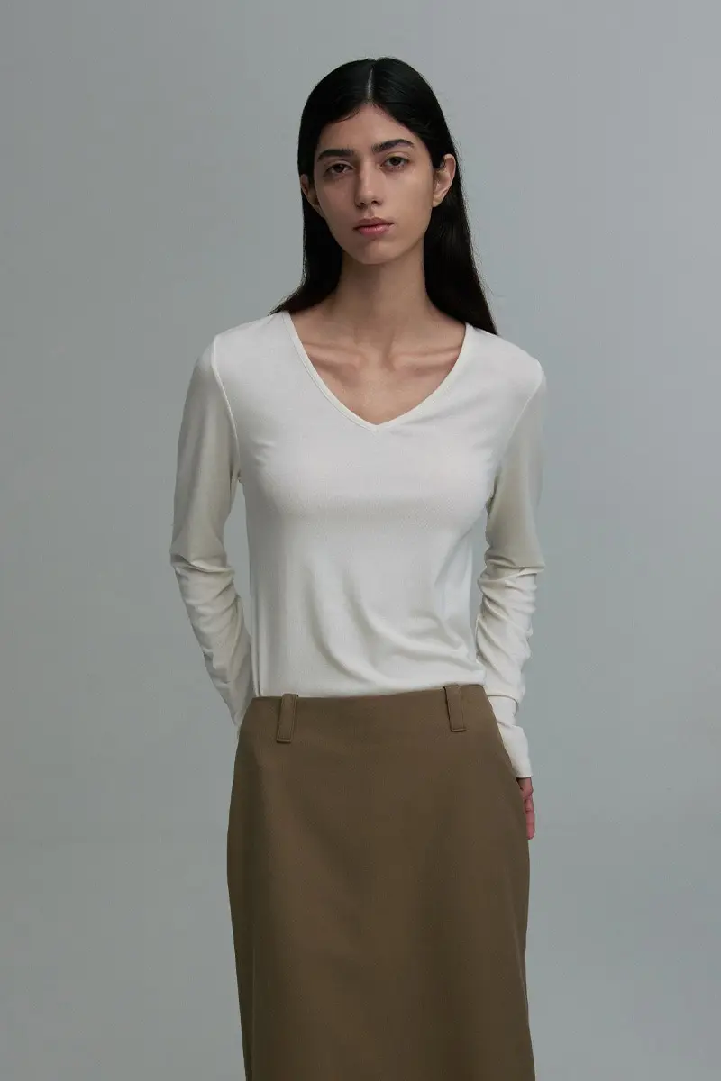 Deep V-Neck Long-Sleeve Top Ivory